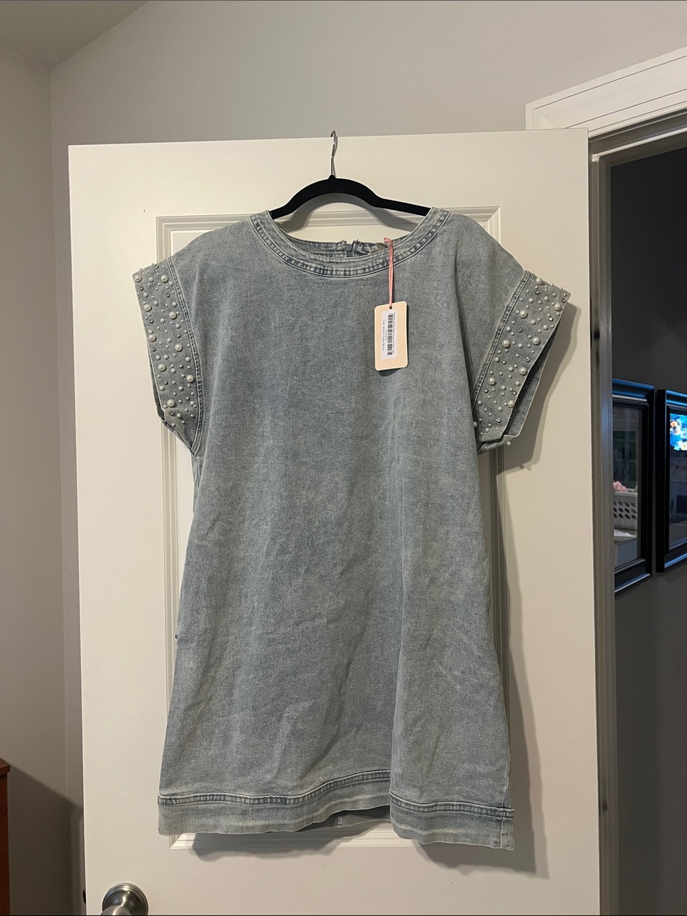 Etro Light Blue Pearl-Trim Denim Shift Dress